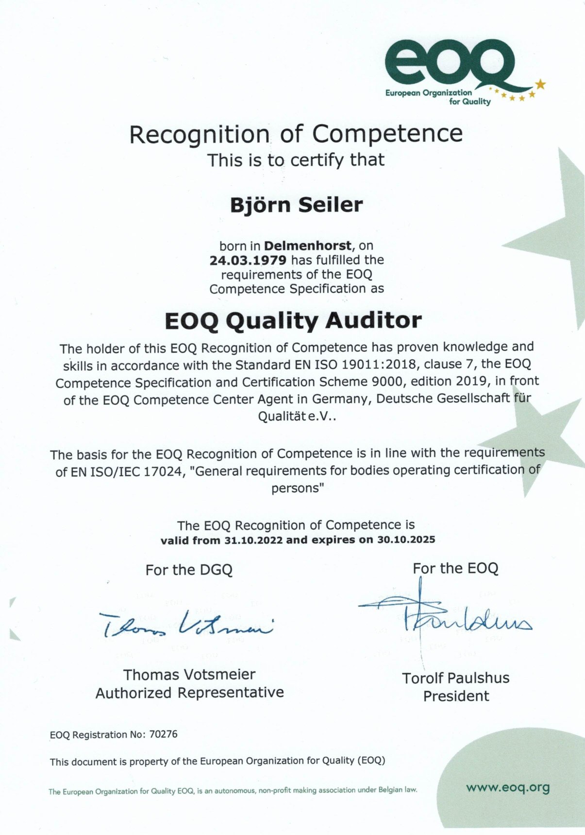 EOQ Quality Auditor certificate for Björn Seiler