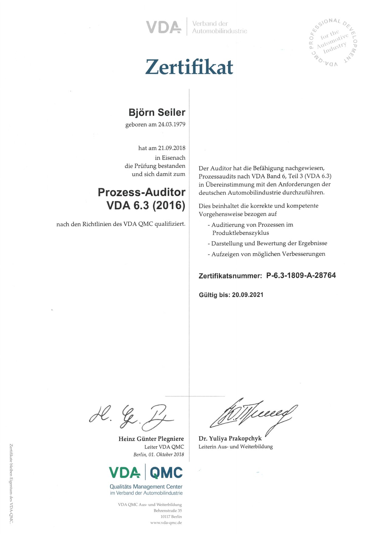VDA 6.3 Process Auditor certificate for Björn Seiler