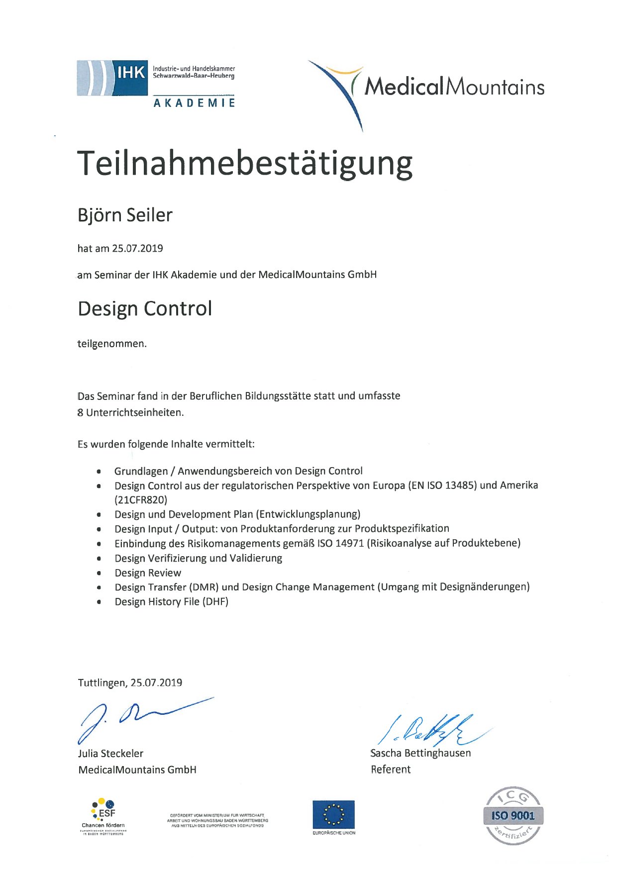 Björn Seiler Design Control certificate