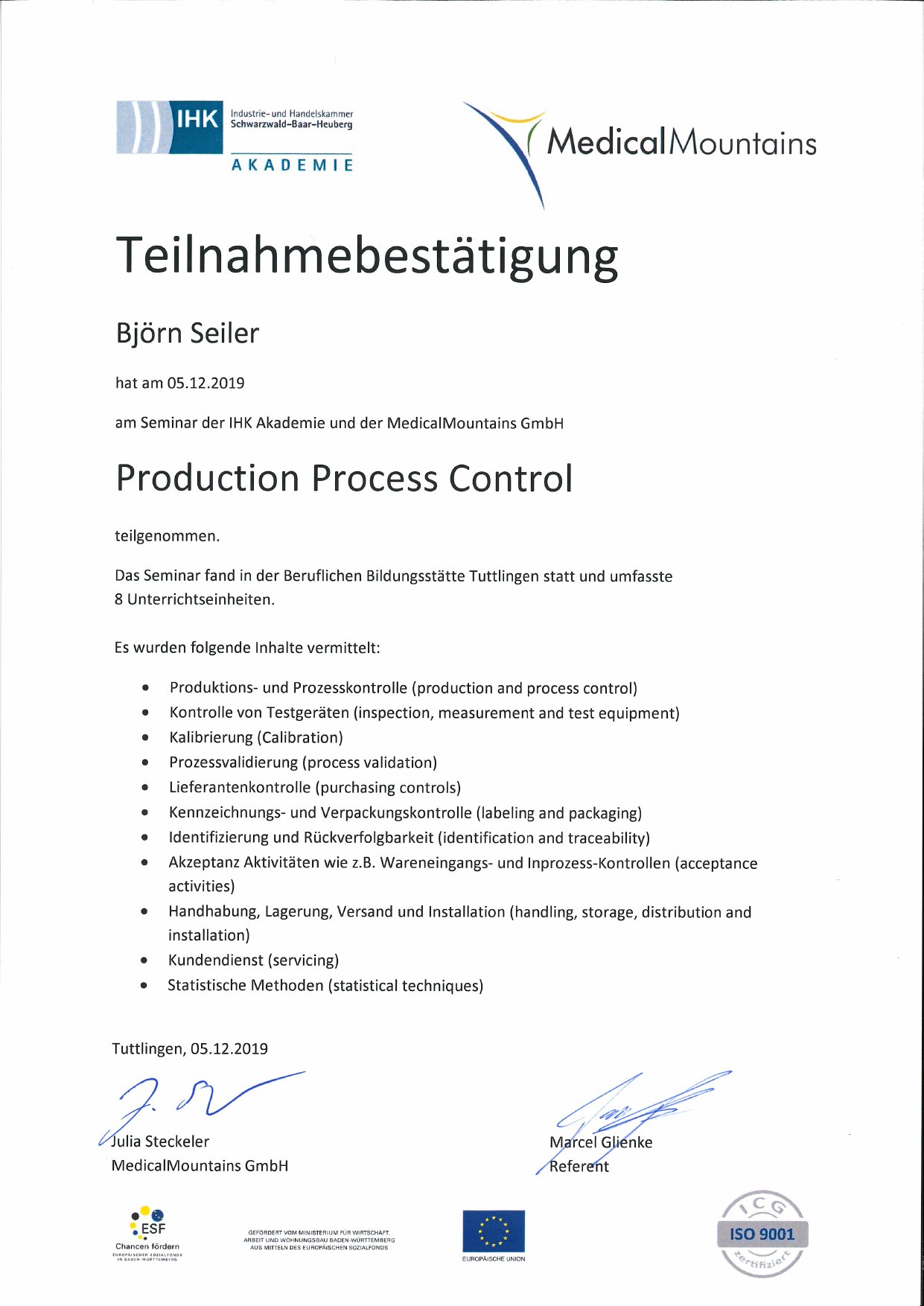 Björn Seiler Production and Process Control (PPC) certificate