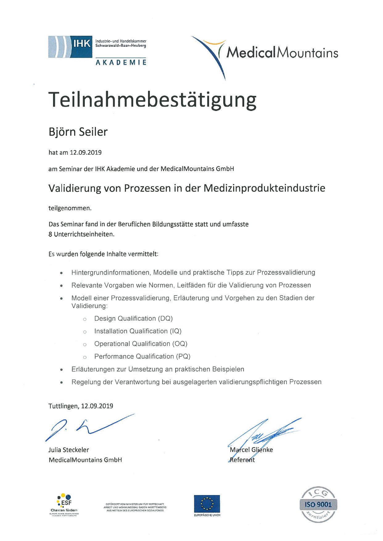 Björn Seiler Process Validation for Medical Devices certificate