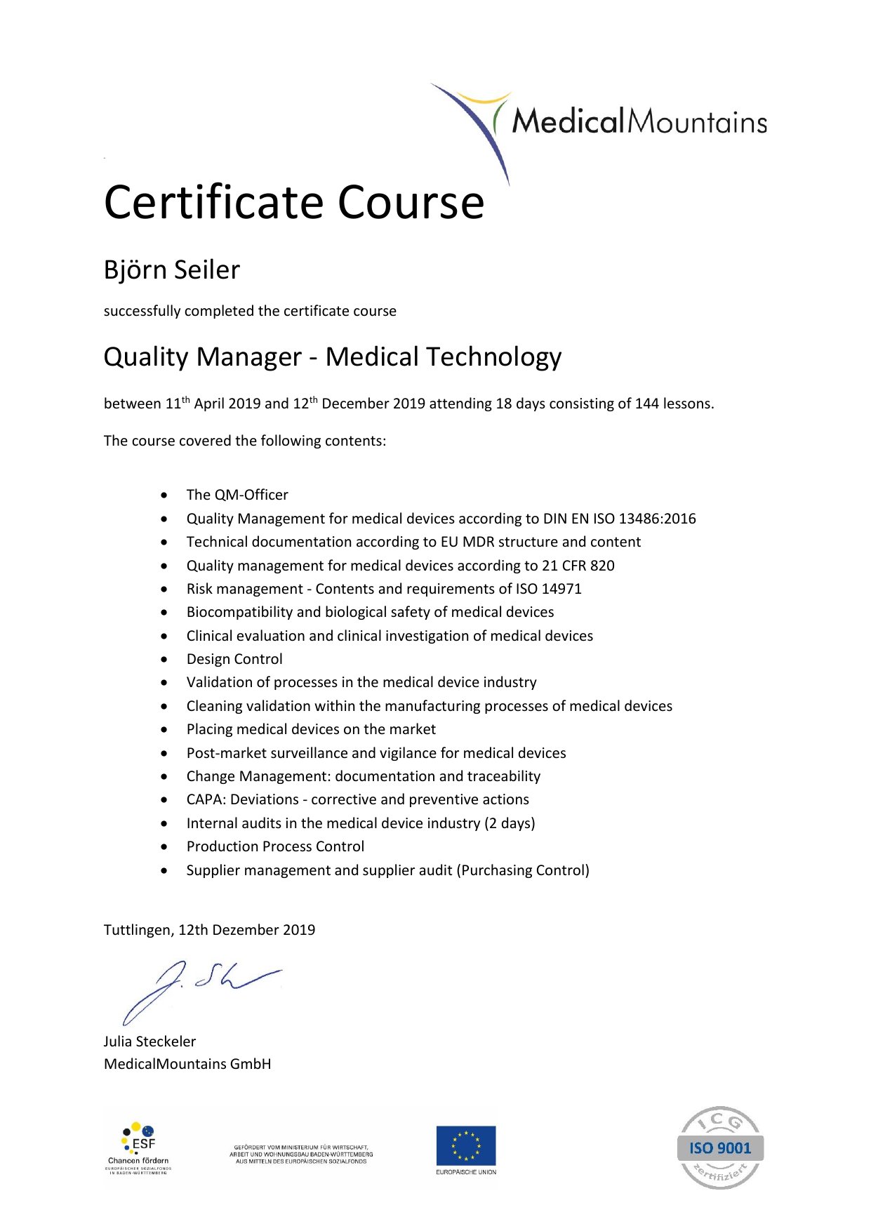 Björn Seiler Medical Device Quality Management certificate