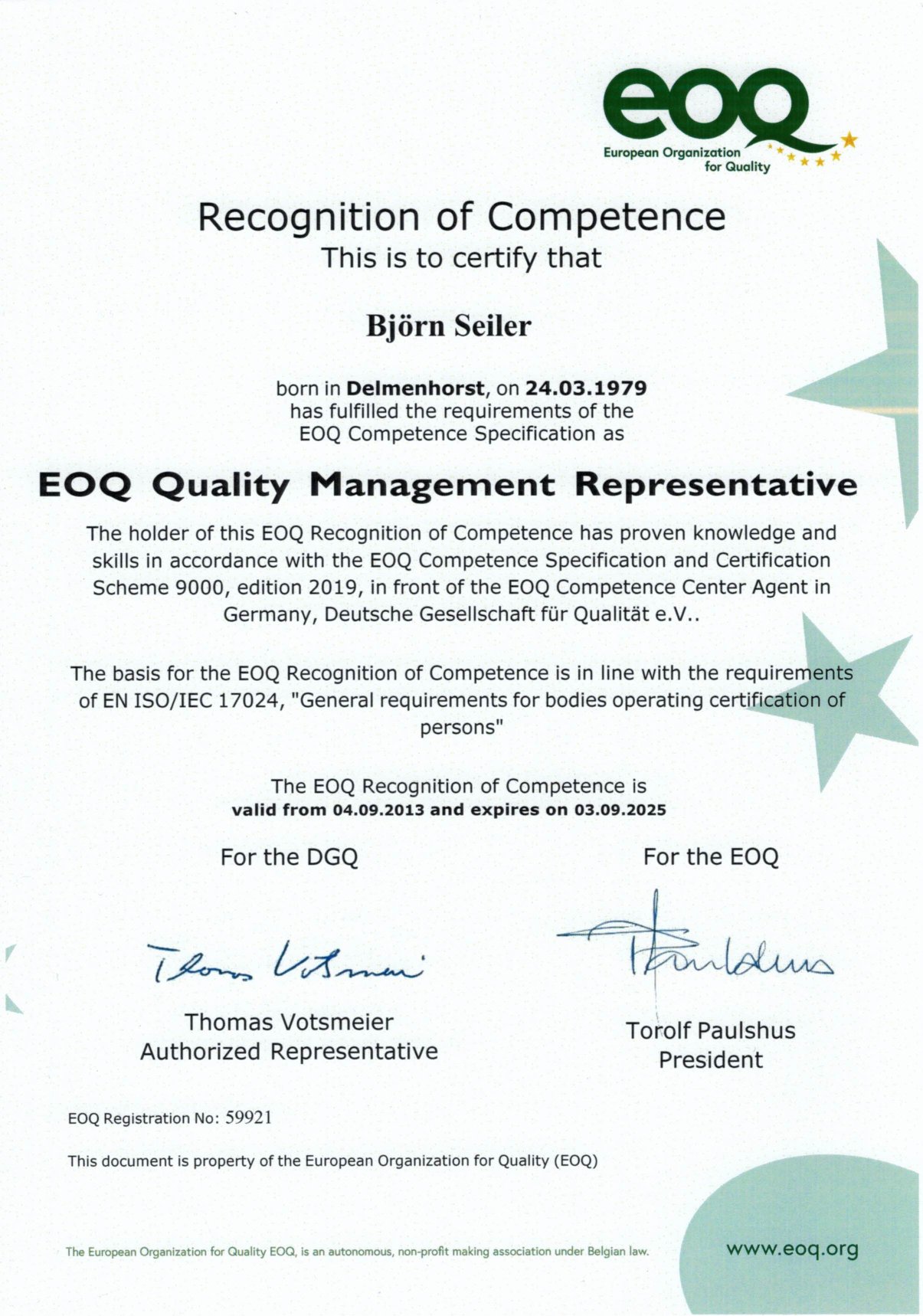 Björn Seiler Quality Management Representative (QMR) certificate