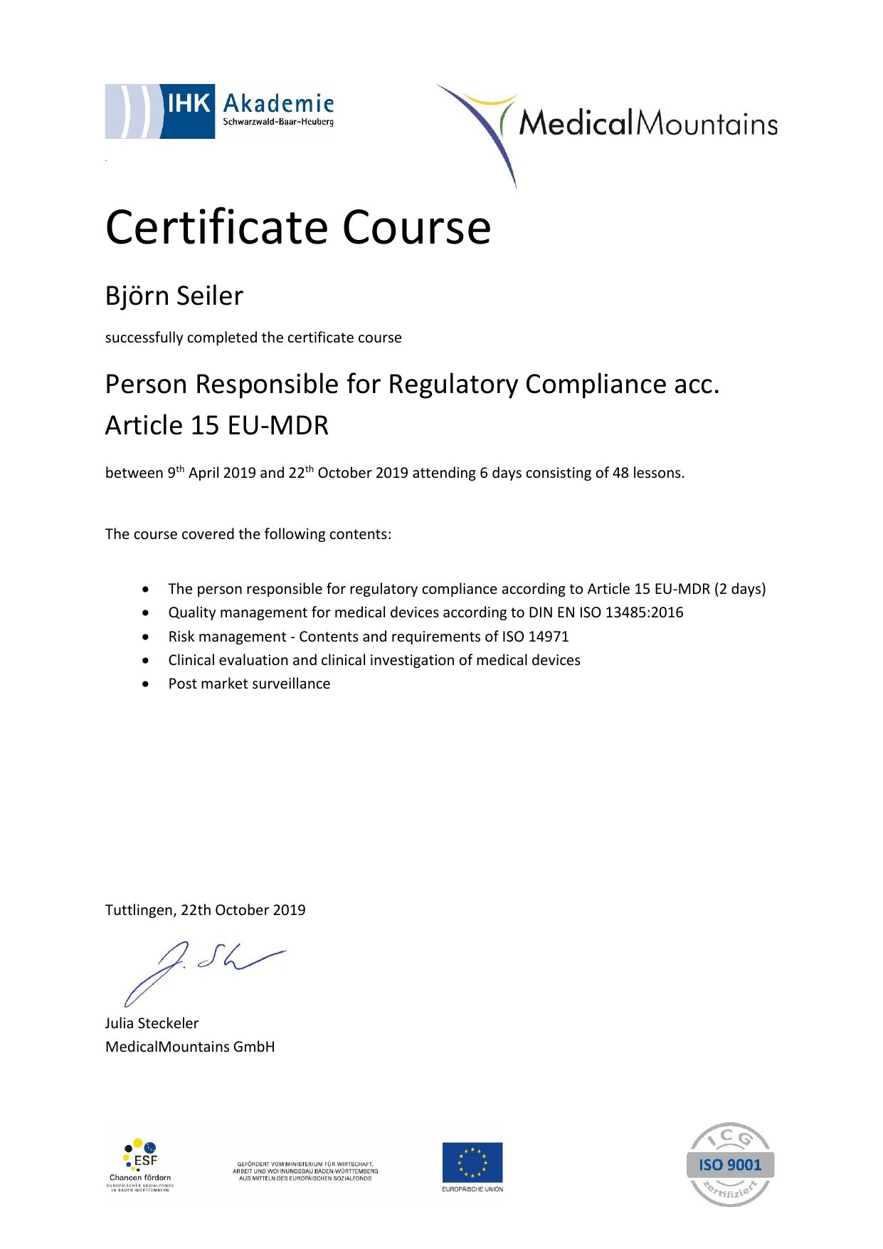 Björn Seiler EU-MDR PRRC (Article 15) certificate
