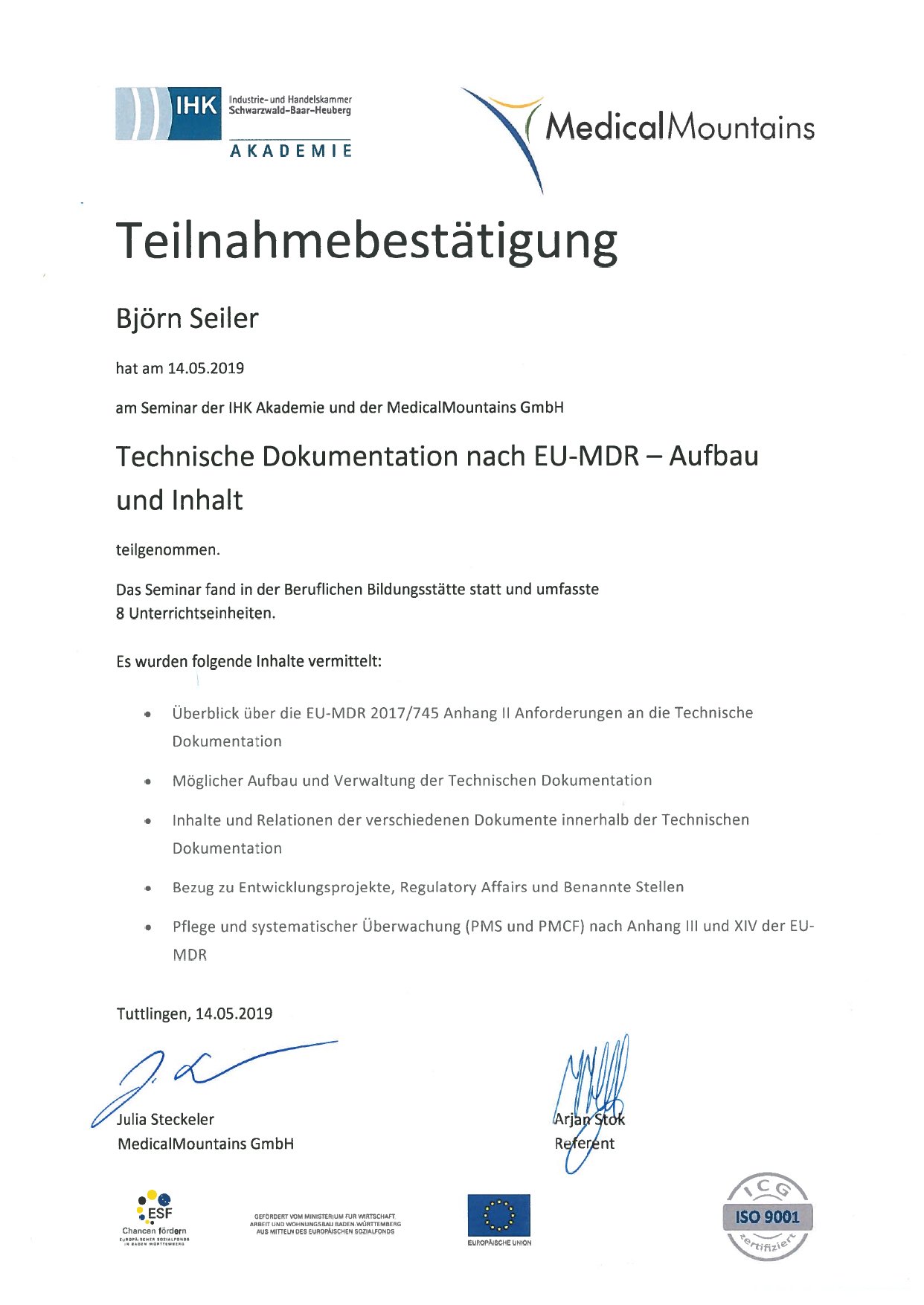 Björn Seiler EU-MDR Technical Documentation certificate