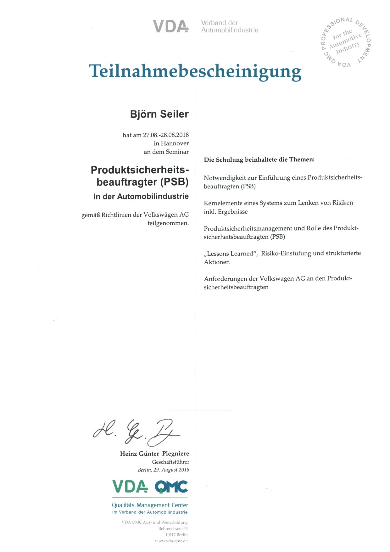 Björn Seiler VDA Product Safety (PSB) certificate